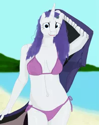 Size: 2621x3320 | Tagged: suggestive, artist:troticon, derpibooru import, rarity, anthro, unicorn, beach, belly button, bikini, breasts, clothes, female, looking at you, midriff, quality, solo, swimsuit, underwear, you tried