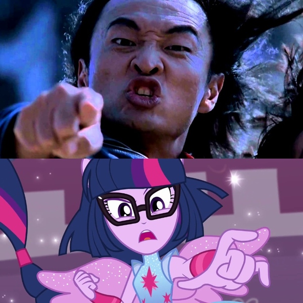 Size: 768x768 | Tagged: safe, derpibooru import, edit, screencap, sci-twi, twilight sparkle, human, equestria girls, equestria girls series, forgotten friendship, angry, cary-hiroyuki tagawa, irl, irl human, liu kang, mortal kombat, mortal kombat (movie), photo, pointing, shang tsung, your soul is mine