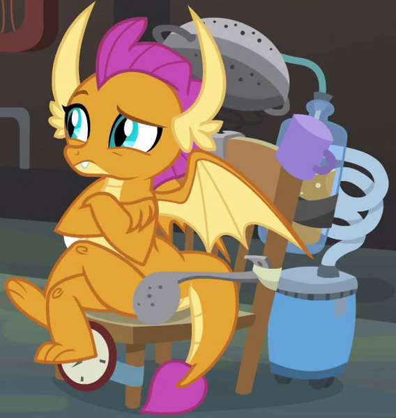 Size: 636x672 | Tagged: a horse shoe-in, claws, cropped, crossed arms, crossed legs, derpibooru import, dragon, dragoness, fangs, female, horns, invention, kid, laboratory, raised eyebrow, safe, screencap, smolder, solo, spread wings, teenaged dragon, teenager, toes, unimpressed, wings