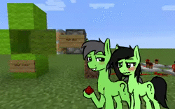Size: 1280x800 | Tagged: suggestive, artist:sampletext123, derpibooru import, oc, oc:anonfilly, oc:colt anon, unofficial characters only, pony, animated, blushing, female, filly, grin, implied sex, male, minecraft, piston, redstone, smiling, sound, straight, wavy mouth, webm