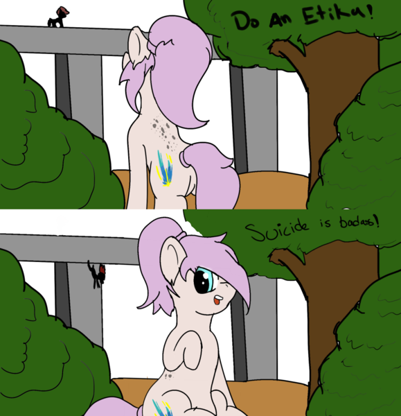 Size: 960x994 | Tagged: semi-grimdark, derpibooru import, oc, oc:adroit instinct, oc:astral comet, earth pony, pony, bridge, butt, danny devito, dappled, etika, falling, female, frank reynolds, freckles, hair over one eye, implied suicide, it's always sunny in philadelphia, looking at something, looking at you, mare, open mouth, plot, ponytail, raised hoof, sitting, smiling, suicide joke, we are going to hell