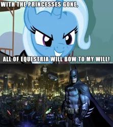 Size: 610x686 | Tagged: safe, derpibooru import, trixie, pony, unicorn, arkham city, batman, batman arkham city, caption, image macro, meme, text, trixie vs everyone meme, trixie yells at everything