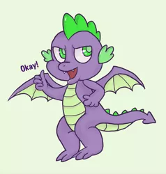 Size: 815x856 | Tagged: artist:jaegerjaques, artist:juspeczik, derpibooru import, dragon, green background, green eyes, male, okay, safe, simple background, smiling, solo, spike, spiked tail, thumbs up, winged spike, wings