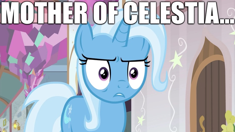 Size: 2048x1152 | Tagged: a horse shoe-in, caption, derpibooru import, edit, edited screencap, image macro, mother of celestia, mother of god, safe, screencap, text, trixie