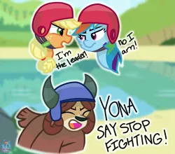 Size: 1369x1205 | Tagged: safe, artist:rainbow eevee, derpibooru import, applejack, rainbow dash, yona, pony, non-compete clause, angry, atg 2019, dialogue, female, fight, freckles, helmet, horns, lake, leader, mare, monkey swings, newbie artist training grounds, screaming, yelling