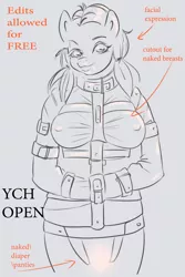 Size: 1200x1798 | Tagged: advertisement, anthro, artist:mdwines, bondage, breasts, commission, derpibooru import, female, nudity, sexy, sketch, solo, straitjacket, straps, suggestive, ych example, your character here