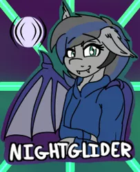 Size: 234x288 | Tagged: safe, artist:eclipsepenumbra, artist:eclipsethebat, derpibooru import, oc, oc:nightglider, unofficial characters only, anthro, bat pony, badge, bat pony oc, bat wings, clothes, con badge, cutie mark, hoodie, smiling, solo, wings