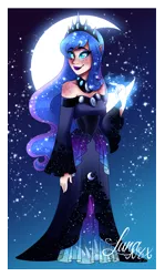 Size: 1640x2760 | Tagged: artist:djspark3, body freckles, clothes, crescent moon, derpibooru import, dress, ethereal mane, female, freckles, galaxy mane, human, humanized, moon, princess luna, safe, smiling, solo, transparent moon