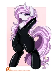 Size: 2539x3550 | Tagged: suggestive, artist:pridark, derpibooru import, fleur-de-lis, pony, unicorn, bipedal, catsuit, chest fluff, clothes, female, high res, latex, latex suit, looking at you, mare, open mouth, patreon, patreon logo, patreon reward, solo, solo female, stupid sexy fleur-de-lis, unzipped