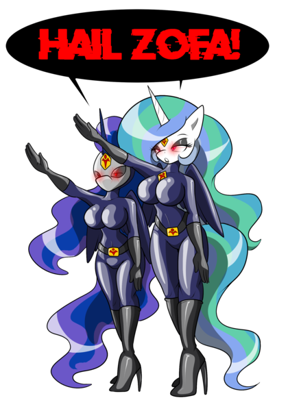 Size: 1744x2489 | Tagged: anthro, artist:tinker-tock, attention, belt, boots, brainwashed, breasts, busty princess celestia, busty princess luna, clothes, covered wings, curvy, derpibooru import, dialogue, dinaranger, duo, duo female, eyeshadow, featureless breasts, female, females only, fetish, gloves, glowing eyes, high heel boots, high heels, high res, hourglass figure, knee high boots, latex, latex suit, logo, long hair, long mane, long tail, makeup, mask, mind control, palindrome get, plantigrade anthro, princess celestia, princess luna, questionable, red eyes, rubber, rubber suit, salute, shiny, shoes, simple background, soldier, spherical breasts, standing, transparent background, word balloon, zofa
