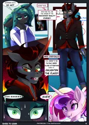 Size: 1476x2084 | Tagged: anthro, artist:theneithervoid, blushing, chrysombra, class, clothes, comic, comic:eager to learn, derpibooru import, female, king sombra, male, princess cadance, queen chrysalis, safe, school, shipping, straight, sweat, teacher, uniform