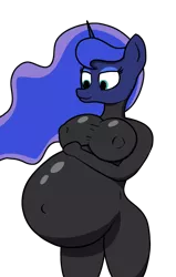 Size: 1836x2881 | Tagged: alicorn, anthro, artist:cookie-pone, belly, belly button, big belly, big breasts, breasts, busty princess luna, derpibooru import, erect nipples, female, latex, latex suit, nipple outline, outie belly button, pregnant, princess luna, solo, solo female, suggestive