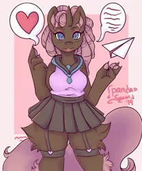 Size: 1250x1500 | Tagged: safe, artist:pandasayori, derpibooru import, oc, oc:marble sketch, unofficial characters only, anthro, hybrid, unicorn, anthro oc, clothes, cute, dreadlocks, female, floating heart, garters, heart, miniskirt, paper airplane, pink, pleated skirt, simple background, skirt, solo