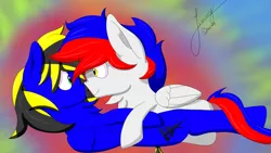 Size: 2560x1440 | Tagged: safe, artist:jimmy draws, derpibooru import, oc, oc:doodman, oc:speedy patriot, unofficial characters only, pegasus, pony, abstract background, boop, commission, cutie mark, eye contact, looking at each other, on back, smiling