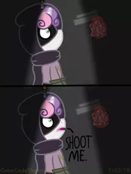 Size: 1536x2048 | Tagged: semi-grimdark, artist:colorcodetheartist, derpibooru import, sweetie belle, unicorn, comic, crossover, dialogue, female, filly, gun, gunpoint, interrogation, magic, mysterion, no fear, offscreen character, overhead light, south park, superhero, this will end in death, vine video, weapon