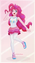 Size: 2286x4096 | Tagged: safe, artist:katakiuchi4u, derpibooru import, pinkie pie, equestria girls, armpits, blushing, clothes, cute, diapinkes, happy, high res, miniskirt, moe, one eye closed, pantyhose, peace sign, pose, sandals, simple background, skirt, smiling, solo, tanktop, wink