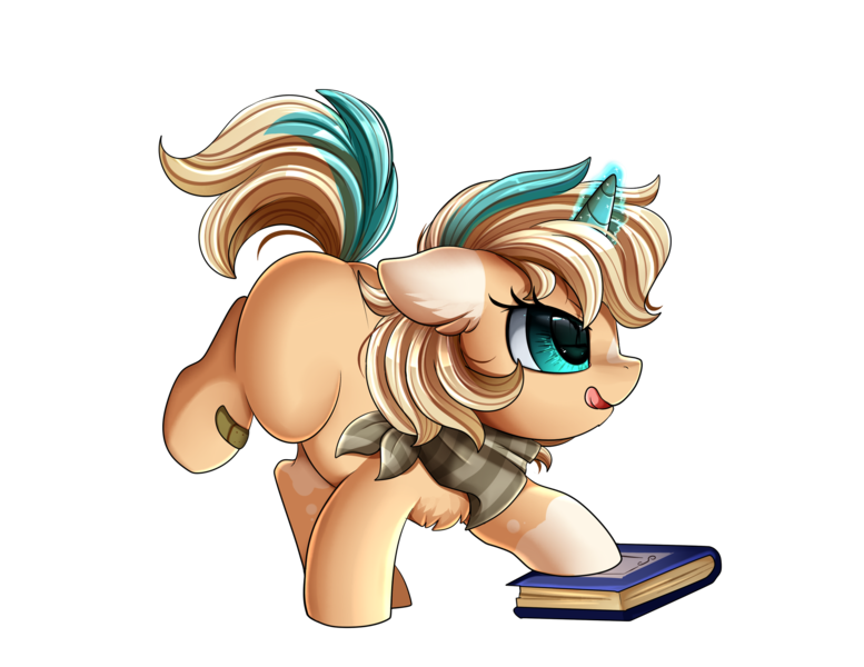 Size: 2430x1876 | Tagged: safe, artist:pridark, derpibooru import, oc, oc:sun light, unofficial characters only, pony, unicorn, bandana, book, chest fluff, commission, female, filly, magic, simple background, socks (coat marking), solo, tongue out, transparent background