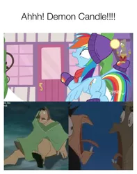 Size: 710x900 | Tagged: safe, derpibooru import, edit, screencap, discord, rainbow dash, llama, best gift ever, candle, demon llama, discord candle, emperor kuzco, funny, meme, on the floor, pacha, scared, screaming, the emperor's new groove, tongue out, winter hat, yeet