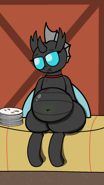 Size: 720x1280 | Tagged: suggestive, artist:cookie-pone, derpibooru import, oc, oc:ash, unofficial characters only, changeling, pony, belly button, changeling overfeeding, chubby, chunkling, fat, messy eating, stuffing