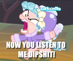 Size: 600x500 | Tagged: safe, derpibooru import, edit, edited screencap, screencap, cozy glow, pegasus, pony, frenemies (episode), angry, brat, caption, cozy glow is best facemaker, dipshit, female, filly, image macro, text, vulgar, yelling