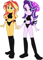 Size: 1146x1597 | Tagged: safe, artist:invisibleink, artist:marcusvanngriffin, deleted from derpibooru, derpibooru import, starlight glimmer, sunset shimmer, equestria girls, beanie, belly button, boots, clothes, elbow pads, female, hat, knee pads, midriff, shoes, simple background, sports, sports bra, sports panties, transparent background, vector, wrestler, wrestling