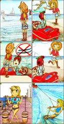 Size: 1192x2316 | Tagged: safe, artist:meiyeezhu, derpibooru import, kotobukiya, applejack, double diamond, night glider, torque wrench, human, equestria girls, equestria girls series, rainbow roadtrip, anime, awesome, boat, boots, bucket, chains, clothes, comic, equestria girls-ified, humanized, motorboat, ocean, old master q, parody, pier, reference, riding, sailboat, shoes, shorts, skiing, skis, speech bubble, street lamp, stunt, summer, swimsuit, water skiing, wave, yoke