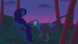 Size: 1632x918 | Tagged: safe, artist:megaanimationfan, derpibooru import, oc, oc:gerald, oc:midnight, unofficial characters only, alicorn, gryphon, alicorn oc, couple, evening, female, frolic, grass, griffon oc, happy, horn, male, non-pony oc, oc x oc, playing, shipping, signature, tree, wings
