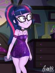 Size: 1800x2400 | Tagged: safe, artist:artmlpk, derpibooru import, sci-twi, spike, spike the regular dog, twilight sparkle, dog, equestria girls, adorkable, choker, clothes, cute, design, dork, dress, female, geode of telekinesis, hips, magical geodes, party, picture frame, ponytail, sci-twi's room, smiley face, solo, twiabetes