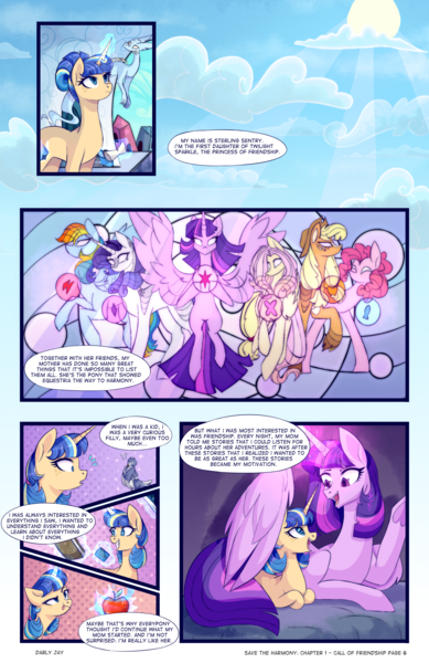 Size: 2301x3549 | Tagged: safe, artist:darlyjay, derpibooru import, applejack, fluttershy, pinkie pie, rainbow dash, rarity, twilight sparkle, twilight sparkle (alicorn), oc, oc:atlas, oc:sterling sentry, alicorn, earth pony, pegasus, pony, unicorn, comic:save the harmony, apple, book, comic, crystal empire, female, filly, food, magic, mane six, mare, offspring, parent:flash sentry, parent:twilight sparkle, parents:flashlight, prone