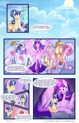 Size: 2301x3549 | Tagged: safe, artist:darlyjay, derpibooru import, applejack, fluttershy, pinkie pie, rainbow dash, rarity, twilight sparkle, twilight sparkle (alicorn), oc, oc:atlas, oc:sterling sentry, alicorn, earth pony, pegasus, pony, unicorn, comic:save the harmony, apple, book, comic, crystal empire, female, filly, food, magic, mane six, mare, offspring, parent:flash sentry, parent:twilight sparkle, parents:flashlight, prone