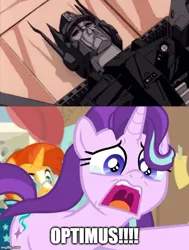 Size: 500x661 | Tagged: safe, derpibooru import, edit, edited screencap, screencap, starlight glimmer, sunburst, pony, a horse shoe-in, death, dramatic, fangirl, optimus prime, phyllis no!, school, teary eyes, the transformers: the movie, transformers