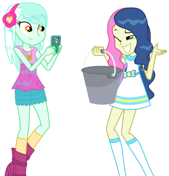 Size: 2303x2397 | Tagged: safe, artist:sketchmcreations, derpibooru import, bon bon, lyra heartstrings, sweetie drops, equestria girls, equestria girls series, inclement leather, spoiler:choose your own ending (season 2), spoiler:eqg series (season 2), bucket, female, hashtag rain hair don't care, inclement leather: vignette valencia, phone, simple background, smiling, transparent background, vector, wet hair