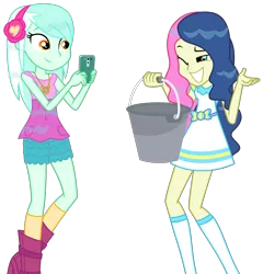 Size: 2303x2397 | Tagged: safe, artist:sketchmcreations, derpibooru import, bon bon, lyra heartstrings, sweetie drops, equestria girls, equestria girls series, inclement leather, spoiler:choose your own ending (season 2), spoiler:eqg series (season 2), bucket, female, hashtag rain hair don't care, inclement leather: vignette valencia, phone, simple background, smiling, transparent background, vector, wet hair