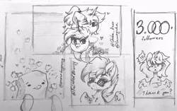 Size: 1024x642 | Tagged: safe, artist:kebchach, derpibooru import, oc, oc:keetch, oc:paper bag, pegasus, pony, unicorn, black and white, glasses, grayscale, monochrome, paper bag, pegasus oc, post-it, traditional art, wings