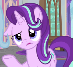 Size: 1168x1079 | Tagged: safe, derpibooru import, screencap, starlight glimmer, trixie, pony, unicorn, a horse shoe-in, animated, cropped, cute, cutie mark, female, floppy ears, gif, glimmerbetes, looped, mare, one ear down, open mouth, raised eyebrow, raised hoof, solo focus, talking