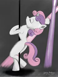 Size: 2400x3200 | Tagged: suggestive, artist:rockhoppr3, derpibooru import, sweetie belle, pony, anatomically incorrect, bipedal, female, incorrect leg anatomy, solo, solo female, stripper pole