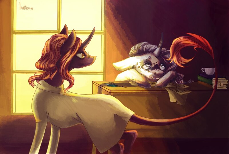 Size: 1280x863 | Tagged: safe, artist:weird--fish, derpibooru import, oc, pony, unicorn, duo, leonine tail