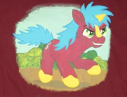 Size: 1022x782 | Tagged: safe, artist:malte279, derpibooru import, oc, oc:multi purpose, pony, unicorn, clothes, grin, shirt, smiling, textile painting, textiles