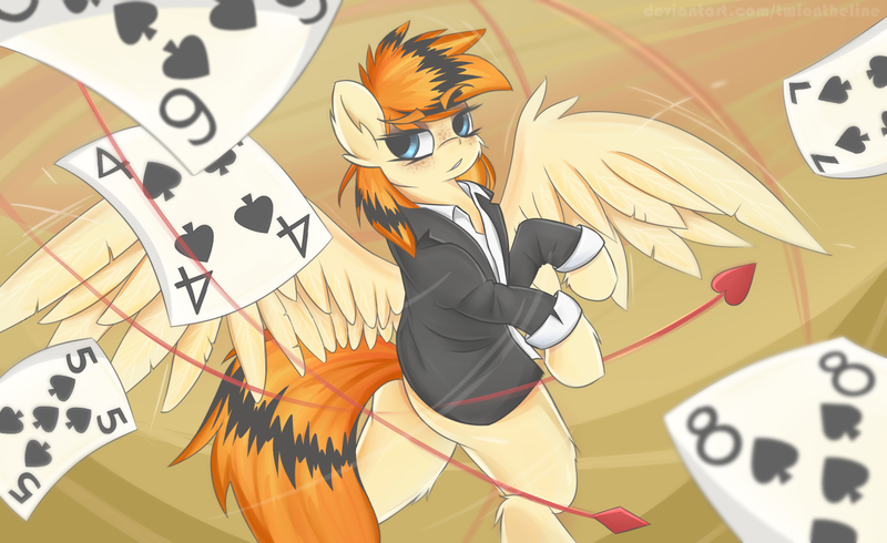 Size: 1560x955 | Tagged: safe, artist:twiontheline, derpibooru import, oc, pegasus, pony, card, casino royale, clothes, female, mare, solo, suit