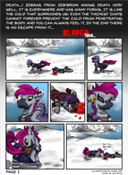 Size: 2551x3509 | Tagged: artist:khaki-cap, bag, blood, clothes, cloud, coat, comic, comic:coldness, corpse, death, derpibooru import, ear piercing, earring, female, hoof boots, jewelry, male, oc, oc:zjin-wolfwalker, piercing, quadrupedal, saddle bag, semi-grimdark, sky, snow, zeb'broni, zebra