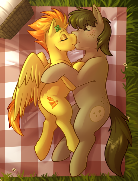 Size: 3707x4862 | Tagged: safe, artist:denzel, artist:sugaryviolet, derpibooru import, spitfire, oc, oc:chocolate chips, pony, canon x oc, embrace, female, firechips, kissing, male, outdoors, picnic, shipping, smooch, straight