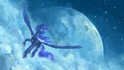 Size: 1920x1080 | Tagged: safe, artist:plainoasis, derpibooru import, princess luna, alicorn, pony, female, flying, lineless, looking back, mare, moon, painting, smiling, solo, spread wings, wallpaper, wings
