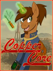 Size: 2702x3585 | Tagged: safe, artist:wcnimbus, derpibooru import, oc, oc:coppercore, unofficial characters only, pony, unicorn, fallout equestria, fanfic, badge, beard, bobby pin, clothes, cloud, con badge, facial hair, fanfic art, female, glowing horn, hooves, horn, levitation, magic, male, mare, open mouth, pipbuck, ponytail, screwdriver, solo, stallion, telekinesis, text, vault suit, wasteland
