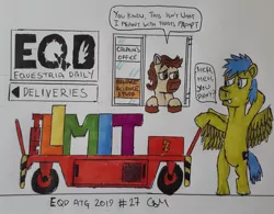 Size: 1709x1335 | Tagged: safe, artist:rapidsnap, derpibooru import, oc, oc:calpain, oc:rapidsnap, unofficial characters only, pony, equestria daily, atg 2019, calpain, newbie artist training grounds, traditional art, trolley