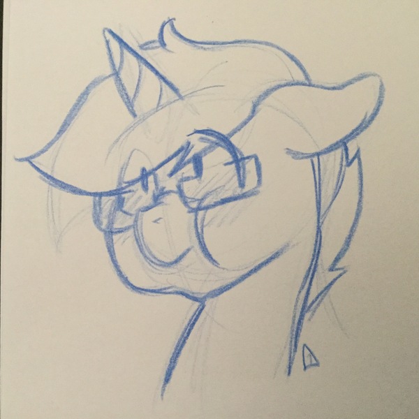 Size: 2448x2448 | Tagged: safe, artist:cadetredshirt, derpibooru import, oc, oc:joinedtheherd, unofficial characters only, pony, unicorn, bust, glasses, male, puffy cheeks, shocked, sketch, solo, traditional art