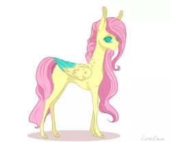 Size: 2117x1756 | Tagged: safe, artist:luna dave, derpibooru import, fluttershy, pegasus, pony, colored wings, colored wingtips, foal, long mane, no pupils, realistic anatomy, realistic horse legs, solo, wing fluff, wings, young