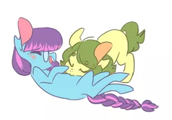 Size: 500x347 | Tagged: safe, artist:laceymod, derpibooru import, oc, oc:bitter herb, oc:invidia, unofficial characters only, earth pony, pony, female, kissing, mare, on back