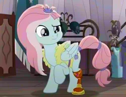 Size: 670x518 | Tagged: safe, color edit, derpibooru import, edit, edited screencap, screencap, kerfuffle, pegasus, pony, rainbow roadtrip, amputee, colored, confused, cute, cutie mark, folded wings, frown, hair accessory, prosthetic leg, prosthetic limb, prosthetics, raised eyebrow, raised hoof, saturated, solo, tail wrap, wings