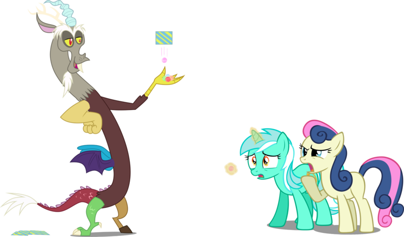 Size: 3283x1927 | Tagged: safe, artist:draikjack, artist:osipush, artist:scourge707, artist:wolfie-blitz, derpibooru import, edit, editor:slayerbvc, vector edit, bon bon, discord, lyra heartstrings, sweetie drops, draconequus, earth pony, pony, unicorn, angry, blank flank, breaking the fourth wall, candy, cutie mark, cutie mark theft, discord being discord, female, food, hard candy, magic, male, mare, simple background, transparent background, vector, wrapper