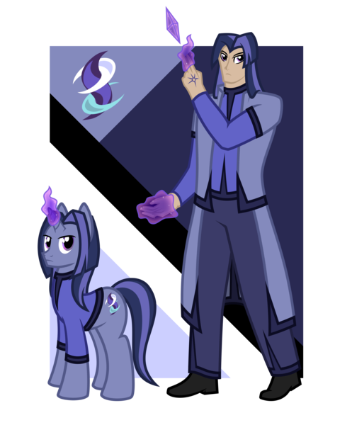 Size: 4800x5800 | Tagged: safe, artist:cyril_deroach, derpibooru import, oc, oc:dream writer, human, unicorn, art pack:equestria humanized project, abstract background, clothes, coat, cutie mark, duo, duo male, humanized, long hair, magic, male, shirt, show accurate, simple background, stallion, transparent background